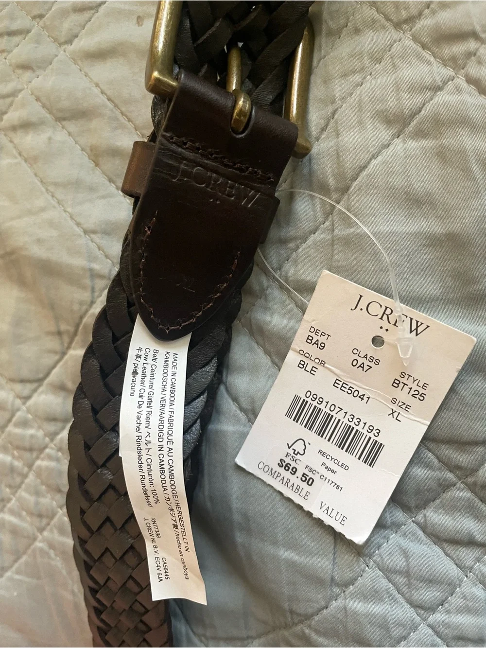 J. CREW Vegetable-Tanned Leather Braided Belt in Dark Brown Size XL NWT $69.50
